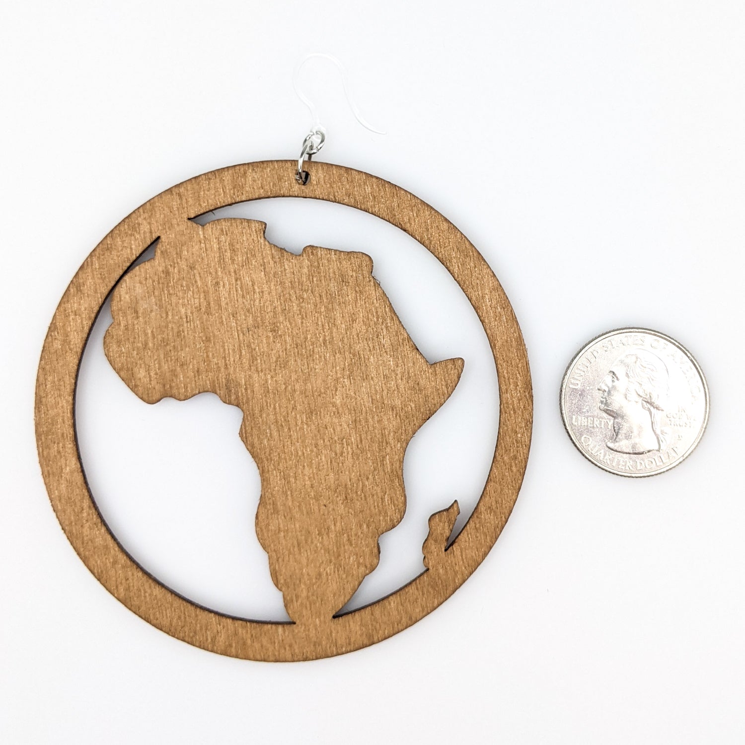 Exaggerated Framed Wooden Africa Earrings (Dangles) - size comparison quarter