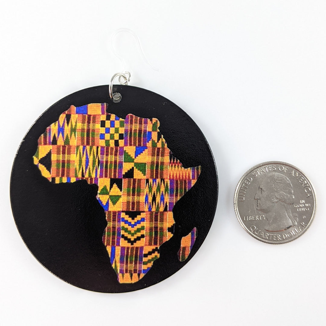 Exaggerated Wooden Africa Fabric Earrings (Dangles) - size comparison quarter