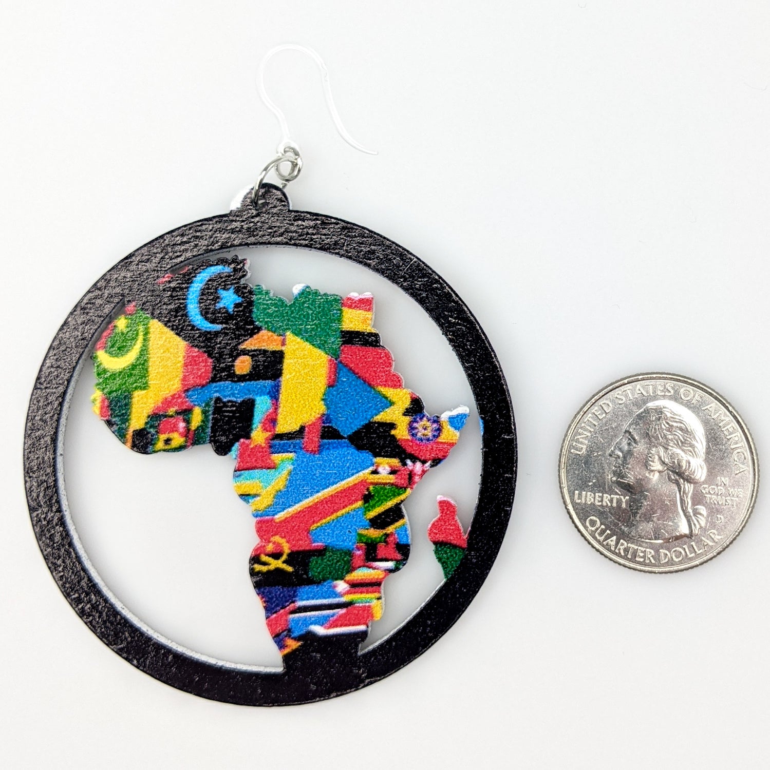 Exaggerated African Flag Earrings (Dangles) - size comparison quarter