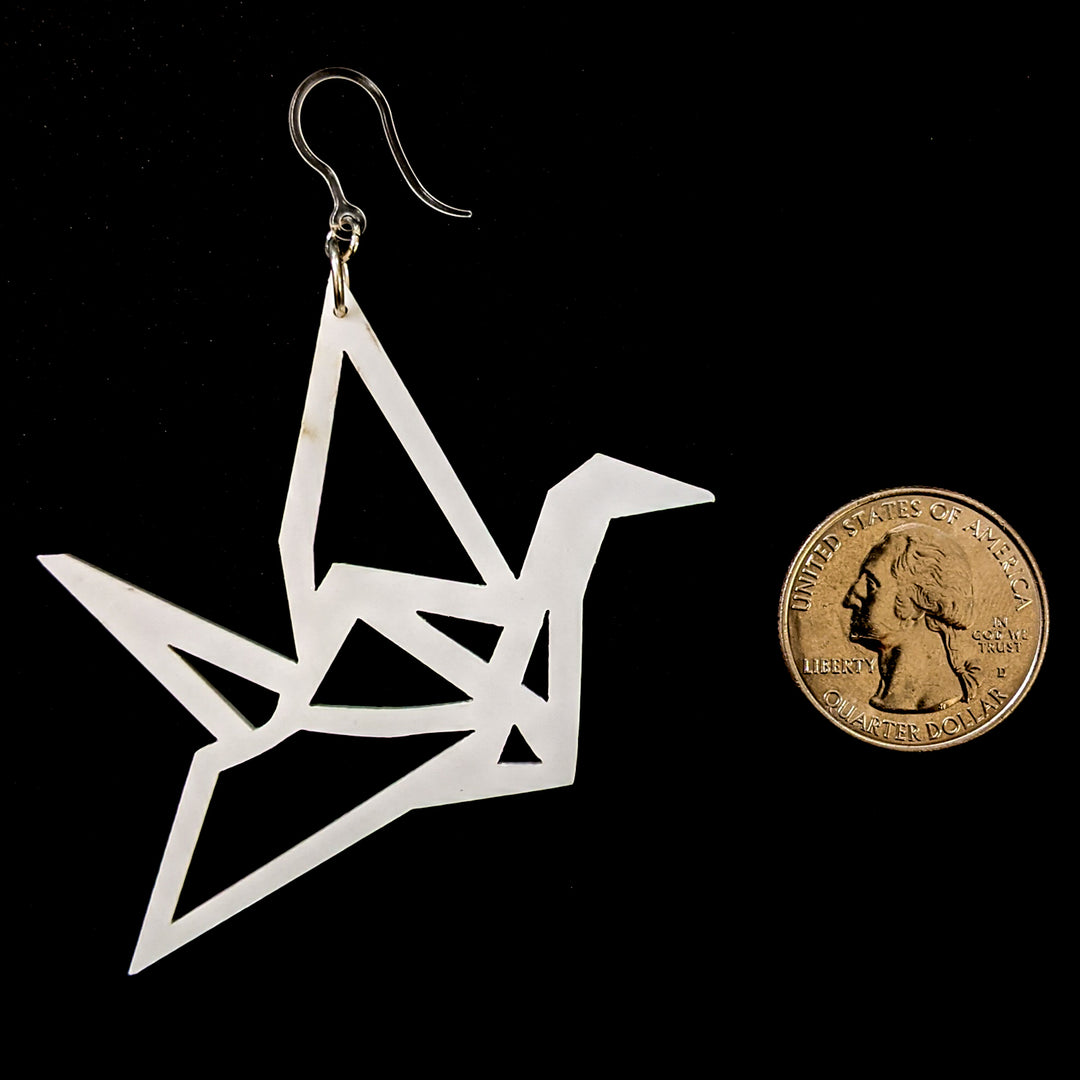 Exaggerated Origami Crane Earrings (Dangles) - size comparison quarter