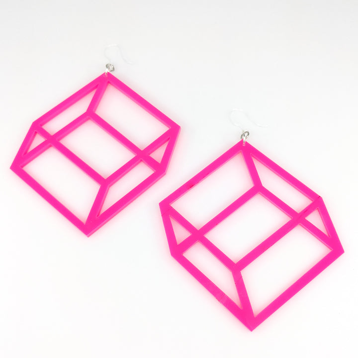 Exaggerated 3D Cube Earrings (Dangles) - pink