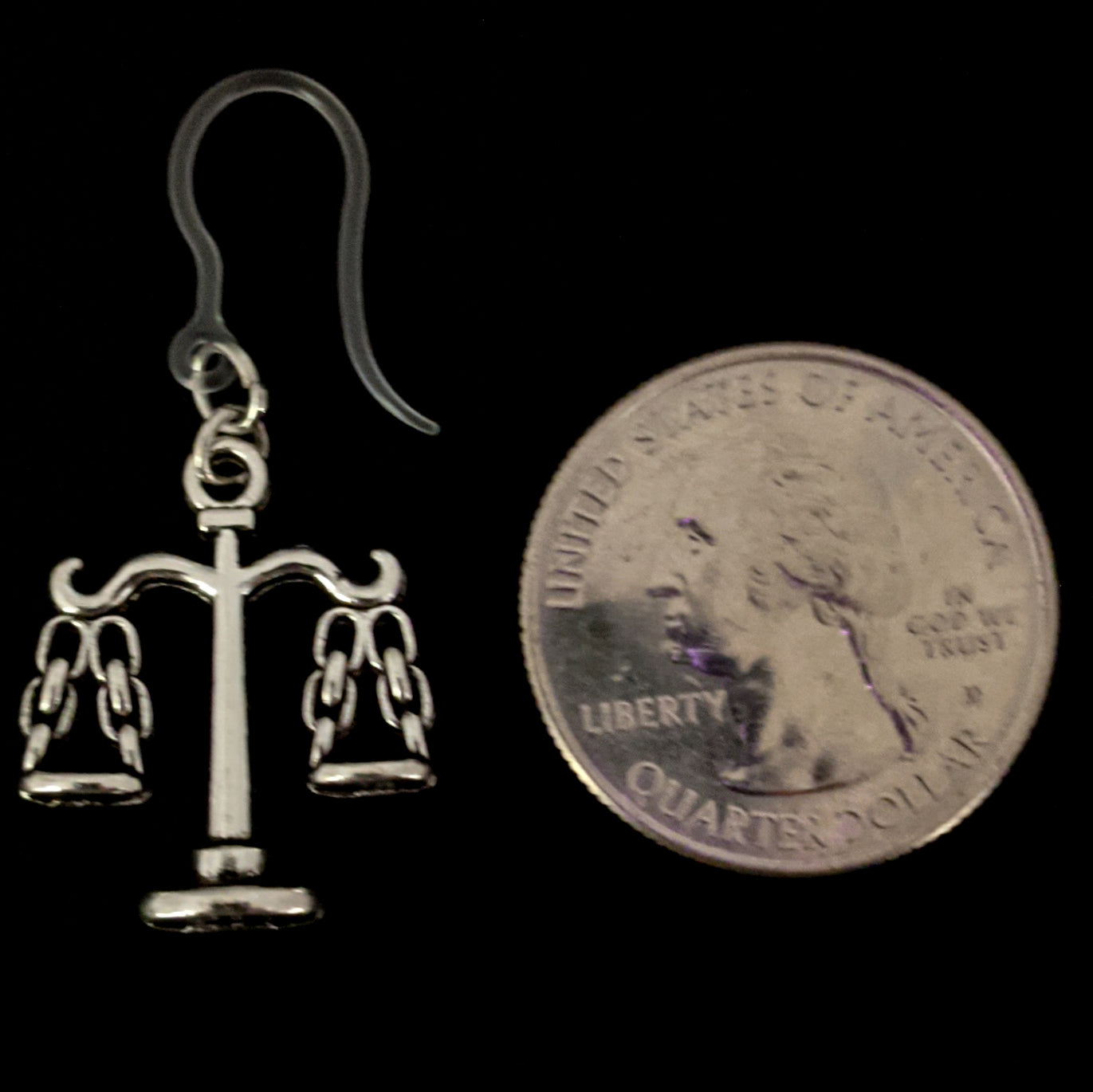 Scales of Justice Earrings (Dangles) - small - size comparison quarter