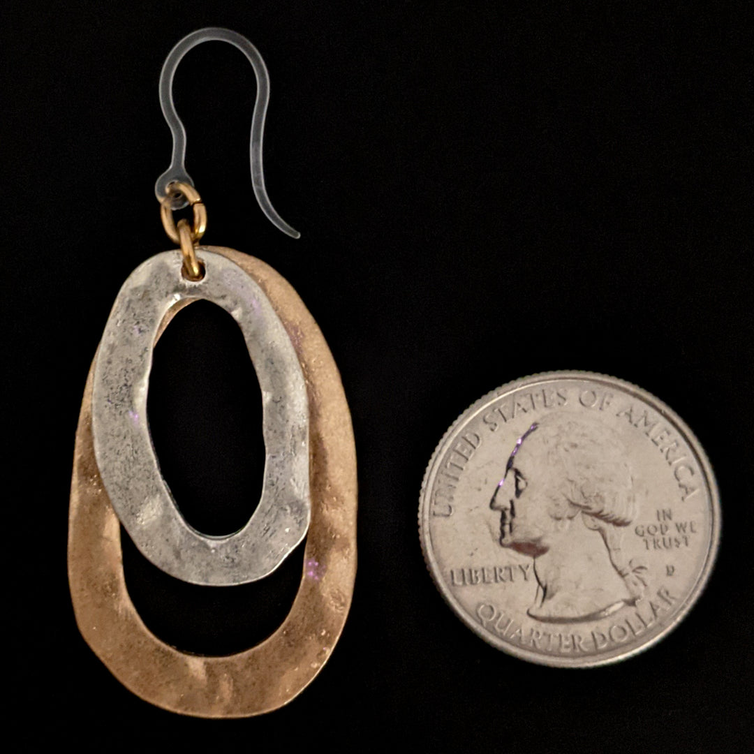 Metallic Double Oval Earrings (Dangles) - size comparison quarter