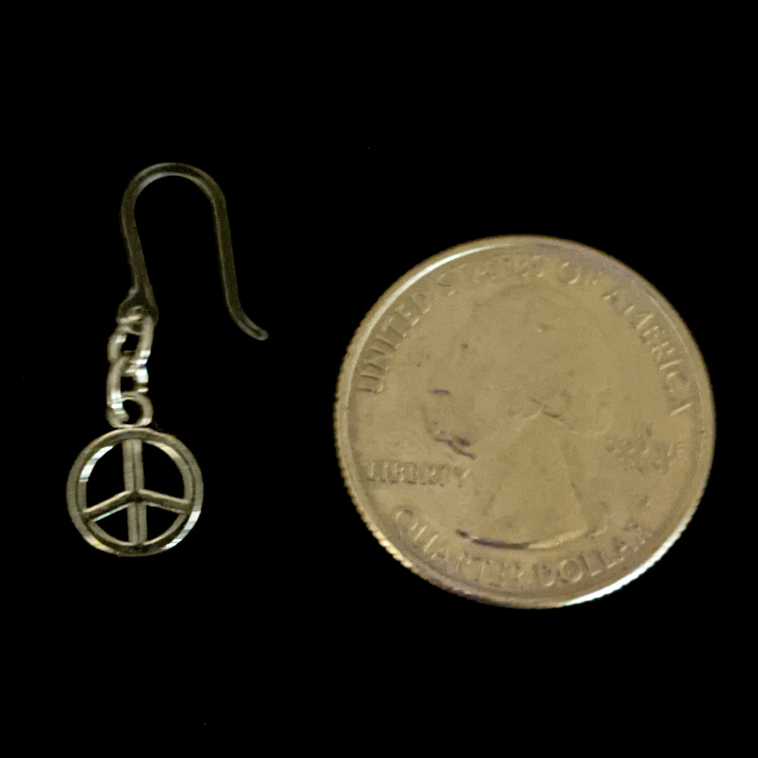 Tiny Peace Drop Earrings (Dangles) - size comp;arison quarter