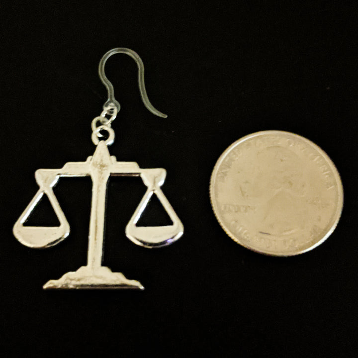 Scales of Justice Earrings (Dangles) - large - size comparison quarter