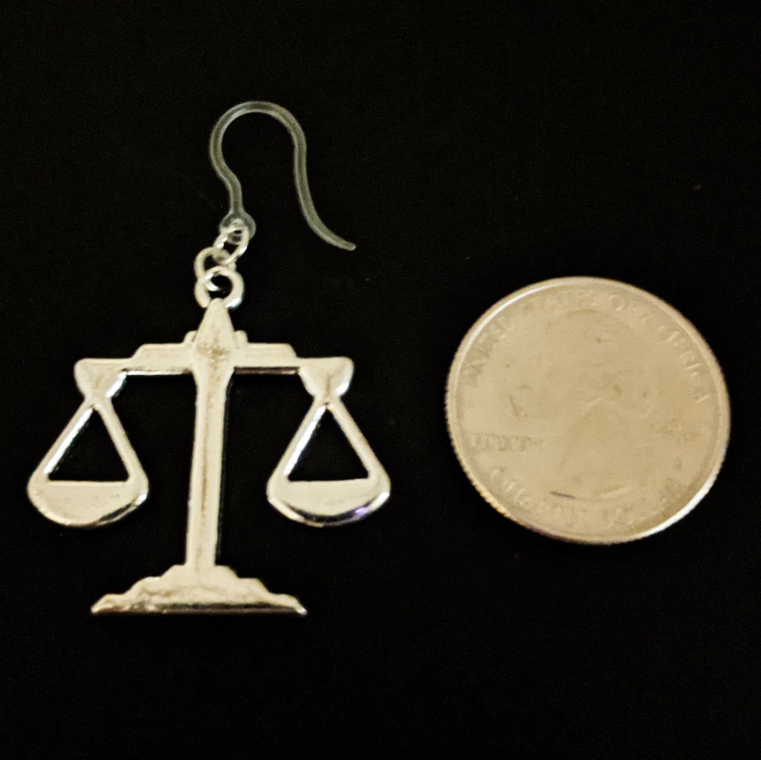 Scales of Justice Earrings (Dangles) - large - size comparison quarter