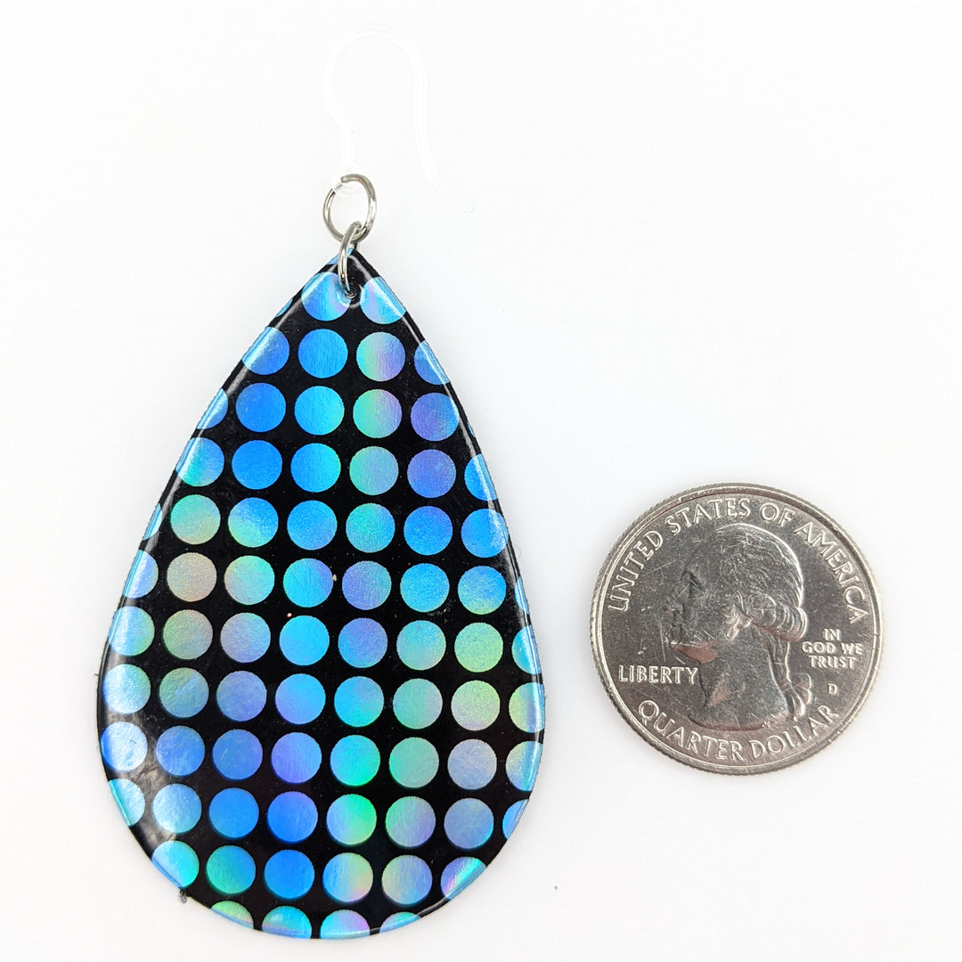 Shiny Polka Dot Earrings (Teardrop Dangles) - size comparison quarter