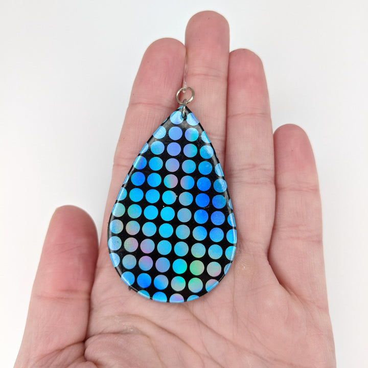 Shiny Polka Dot Earrings (Teardrop Dangles) - size comparison hand