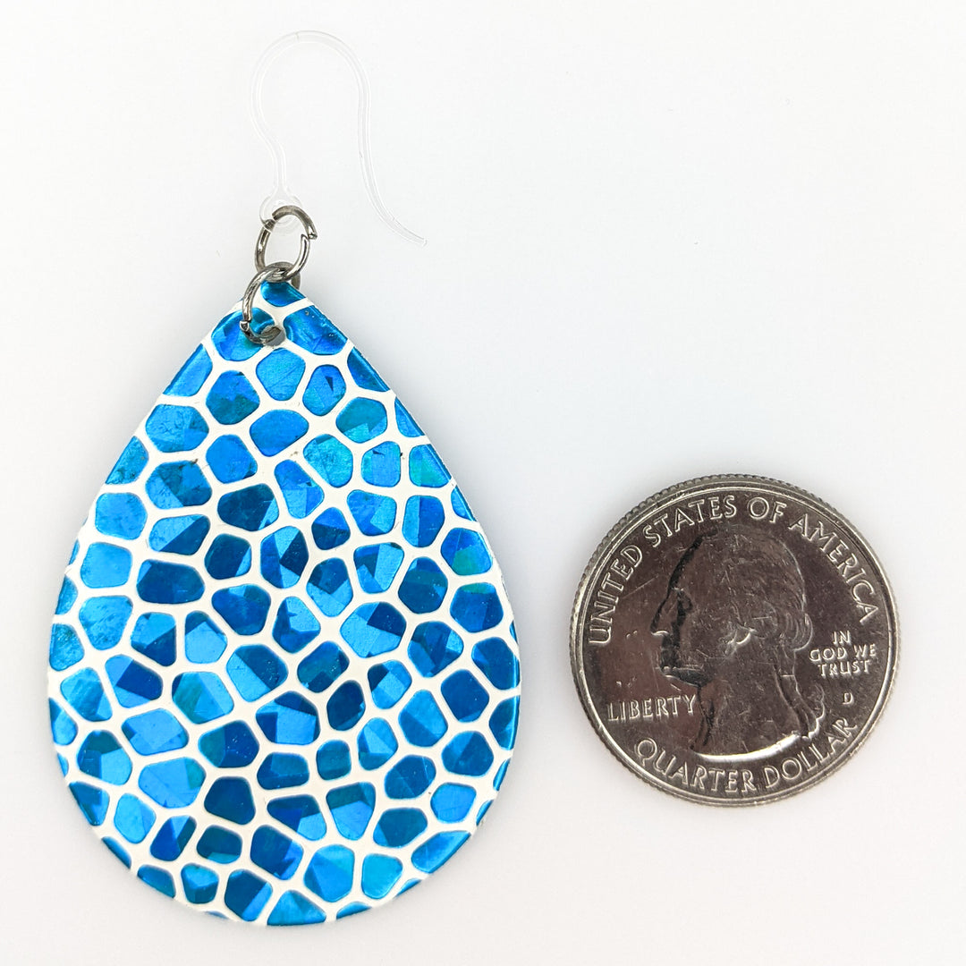 Shiny Stone Pattern Earrings (Teardrop Dangles) - blue - size comparison quarter