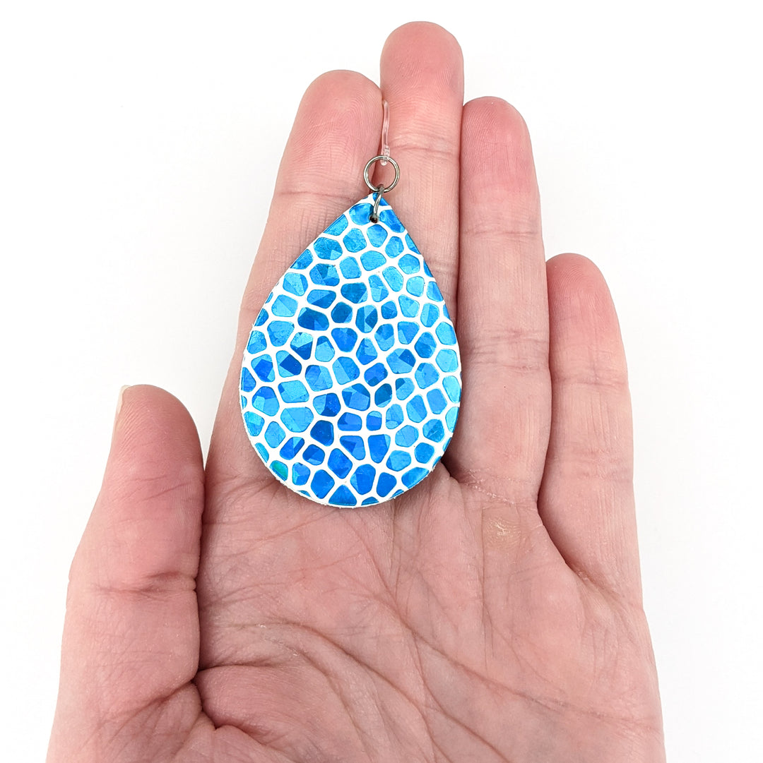 Shiny Stone Pattern Earrings (Teardrop Dangles) - blue - size comparison hand