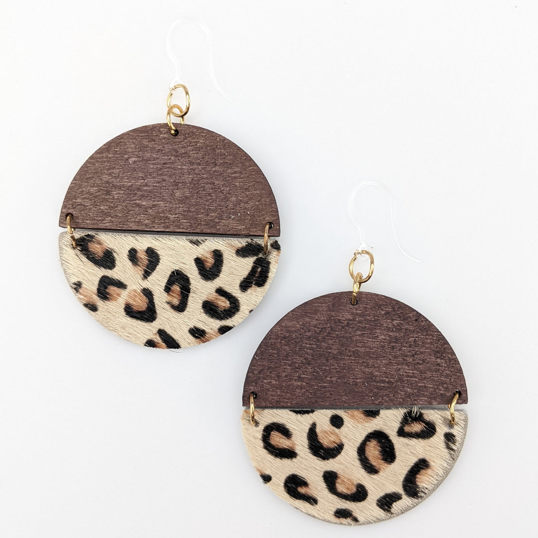 Wood Leather Animal Print Earrings (Dangles) - leopard