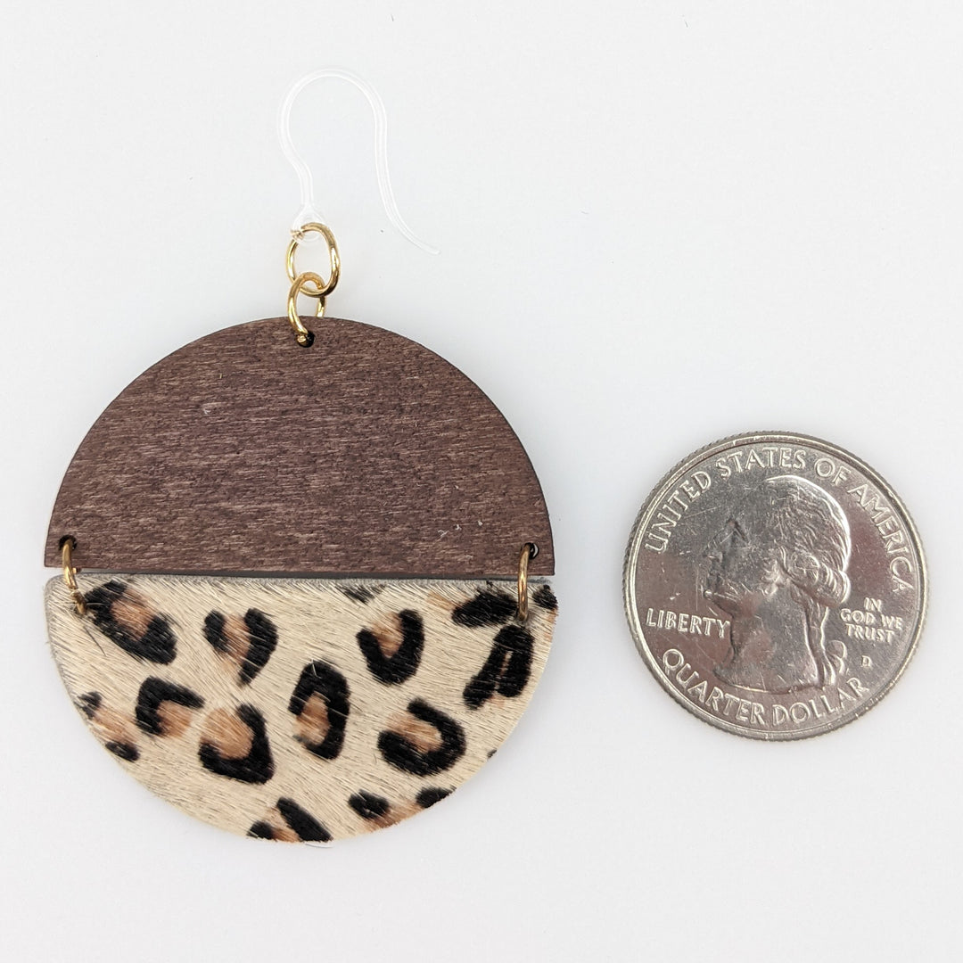 Wood Leather Animal Print Earrings (Dangles) - size comparison quarter