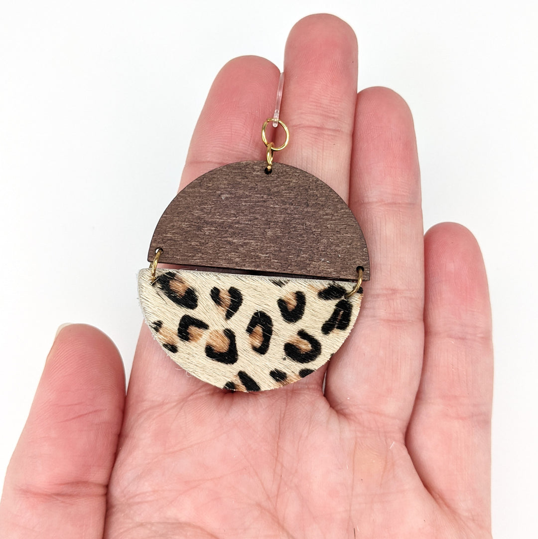 Wood Leather Animal Print Earrings (Dangles) - size comparison hand