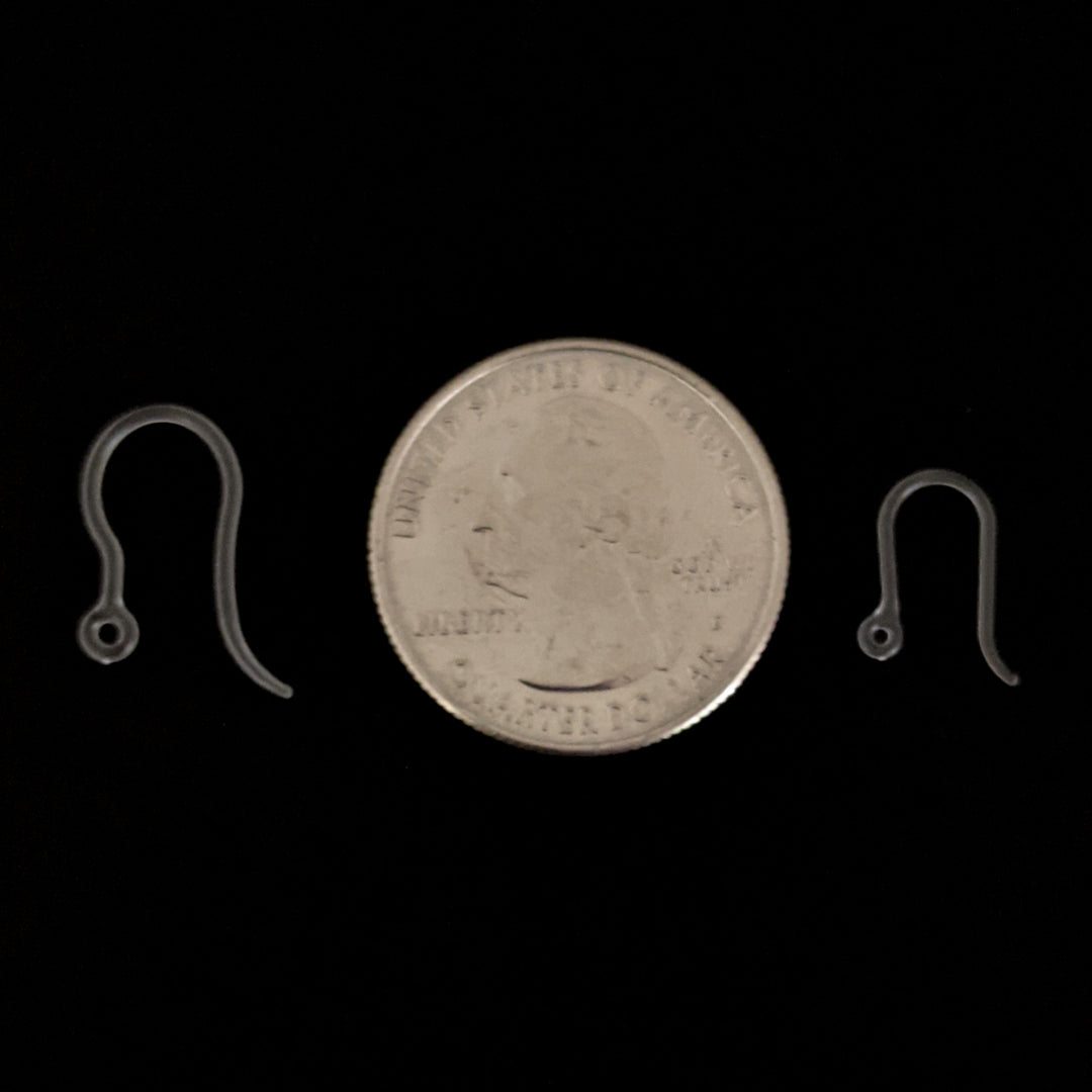 Hypoallergenic Clear Plastic Hook Earrings (Blanks) - size comparison quarter