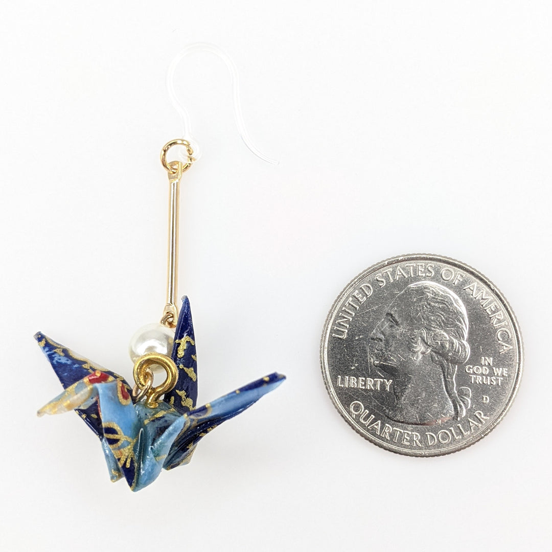 Paper Origami Crane Earrings (Dangles) - size comparison quarter