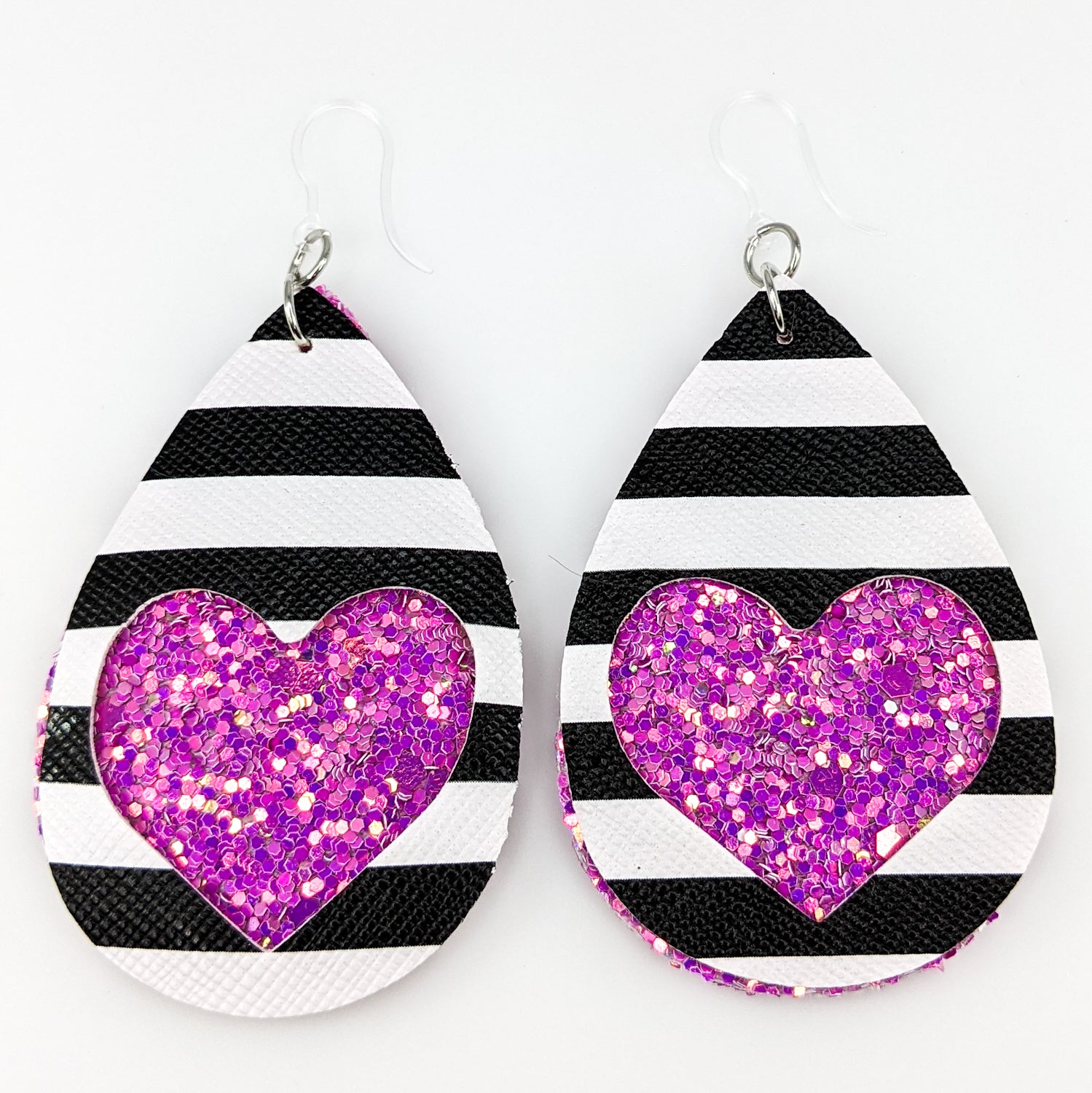 Double Layer Heart Earrings (Teardrop Dangles) - pink glitter