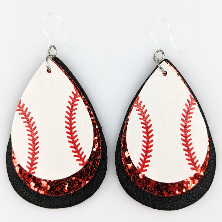 Triple Layer Glitter Baseball Earrings (Teardrop Dangles) - red/black