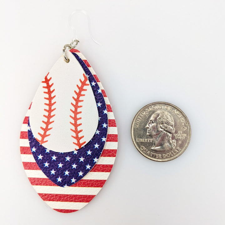 American Baseball Earrings (Teardrop Dangles) - size comparison quarter