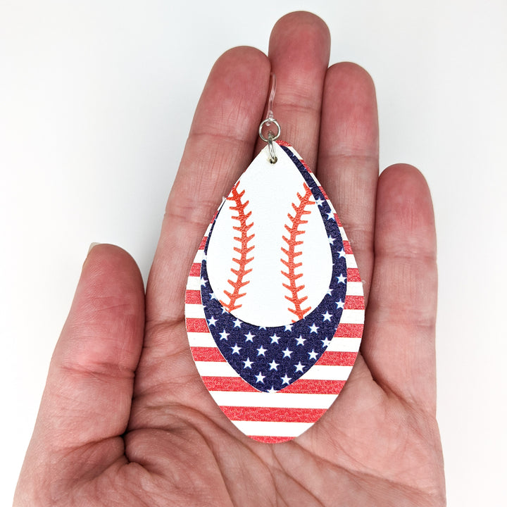 American Baseball Earrings (Teardrop Dangles) - size comparison hand