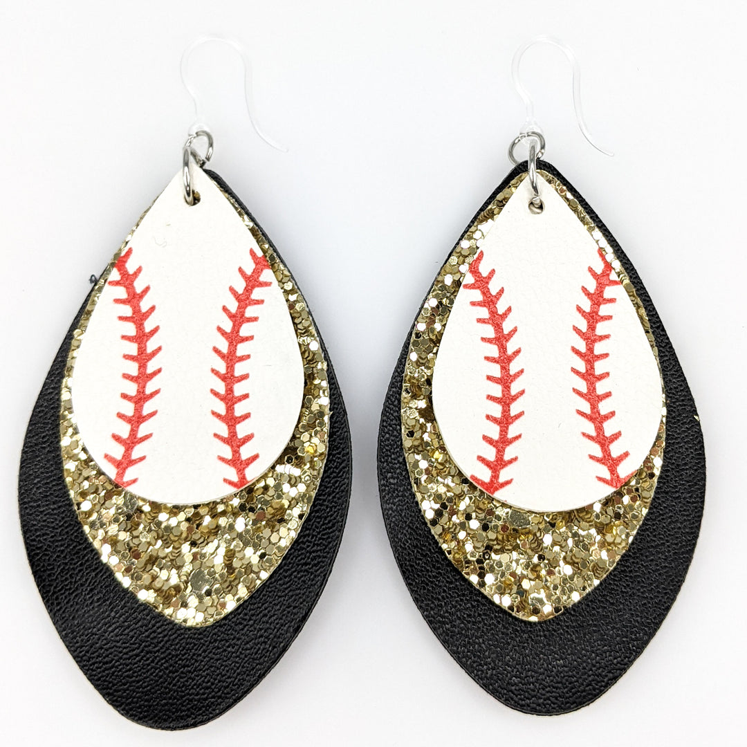 American Baseball Earrings (Teardrop Dangles) - black/gold