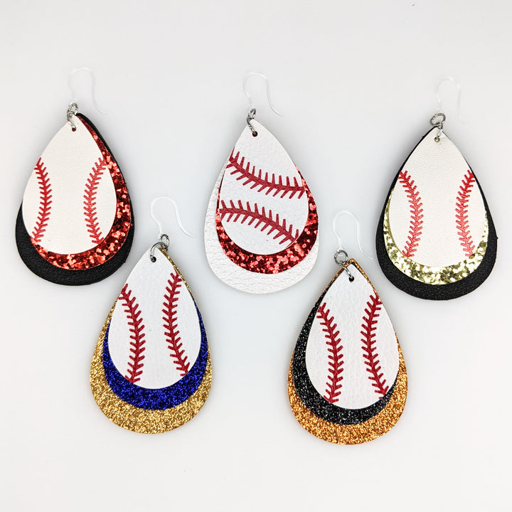 Triple Layer Glitter Baseball Earrings (Teardrop Dangles) - all colors