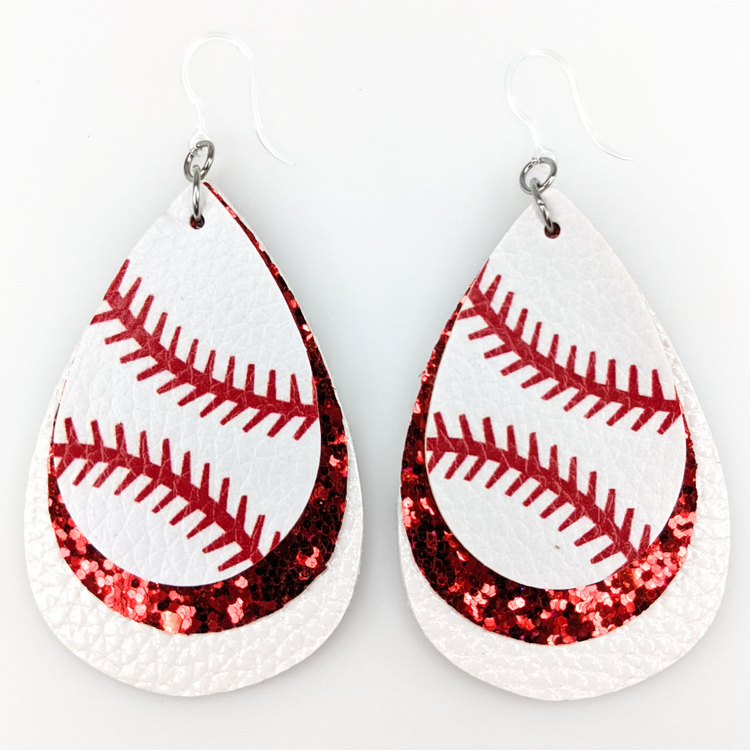 Triple Layer Glitter Baseball Earrings (Teardrop Dangles) - red/white