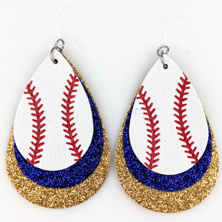 Triple Layer Glitter Baseball Earrings (Teardrop Dangles) - blue/orange