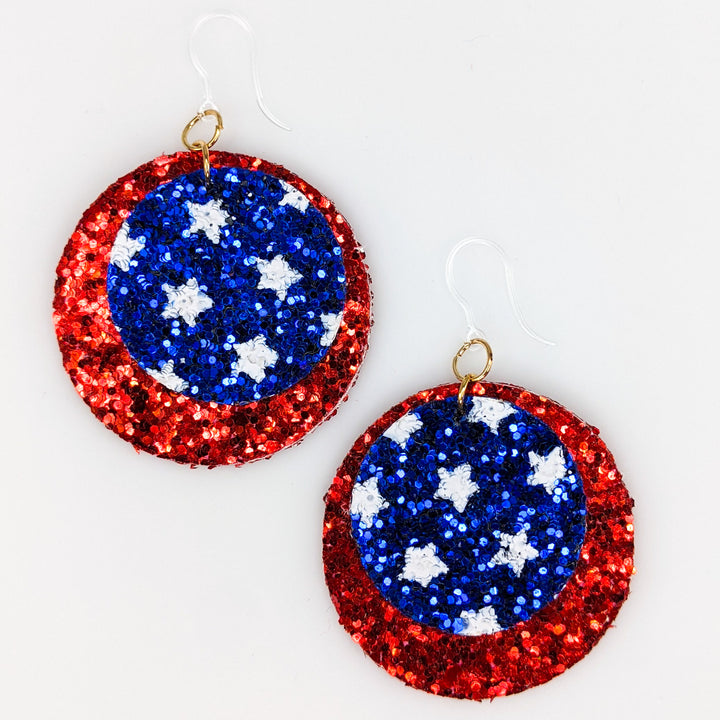 Glitter America Earrings (Dangles) - double layer red & stars