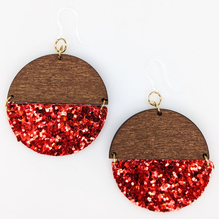 Glitter America Earrings (Dangles) - round half wood & red