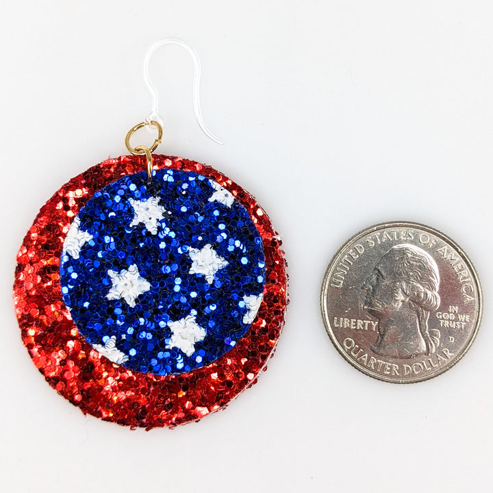 Glitter America Earrings (Dangles) - double layer red & stars - size comparison quarter