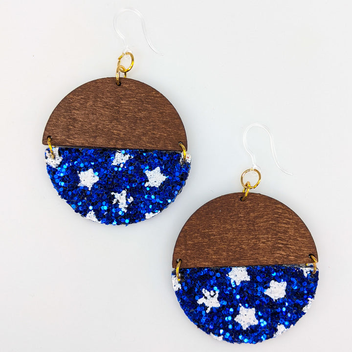 Glitter America Earrings (Dangles) - round half wood & stars