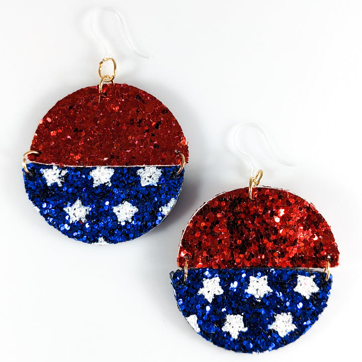 Glitter America Earrings (Dangles) - round half red & stars
