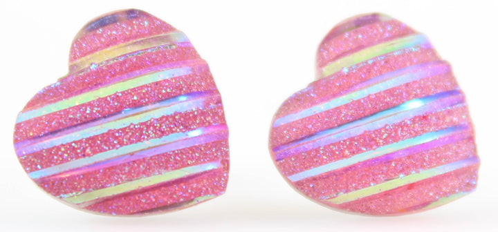 Glitter Stripe Heart Earrings (Studs) - light pink
