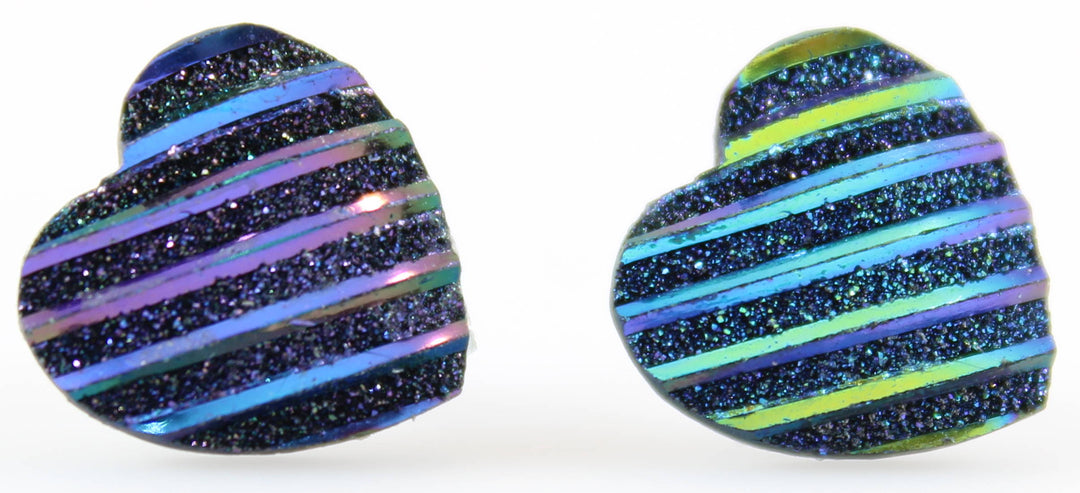 Glitter Stripe Heart Earrings (Studs) - navy