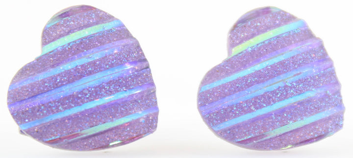 Glitter Stripe Heart Earrings (Studs) - purple