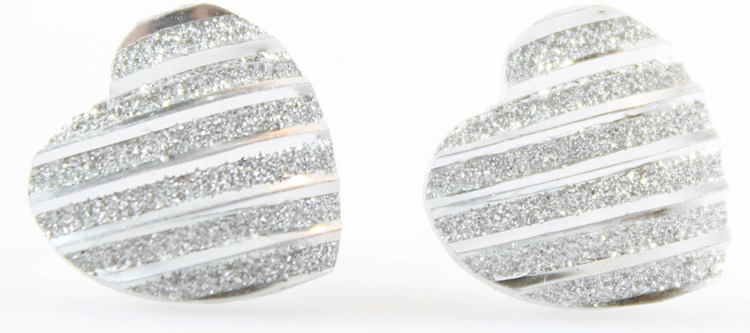 Glitter Stripe Heart Earrings (Studs) - silver