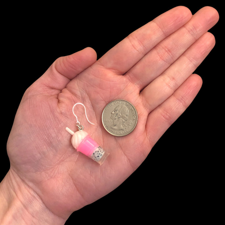 Pink Boba Tea Earrings (Dangles) - size comparison quarter & hand
