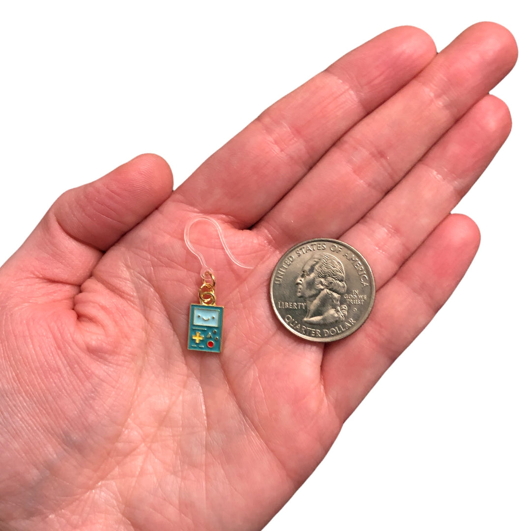 Tiny Game Console Earrings (Dangles) - size comparison quarter & hand