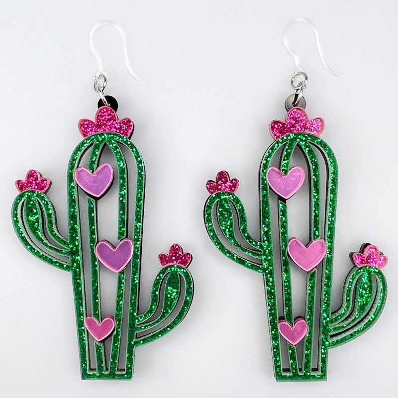 Exaggerated Cactus Heart Earrings (Dangles)
