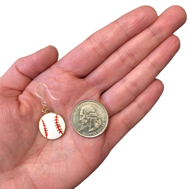 Baseball Earrings (Dangles) - size comparison quarter & hand