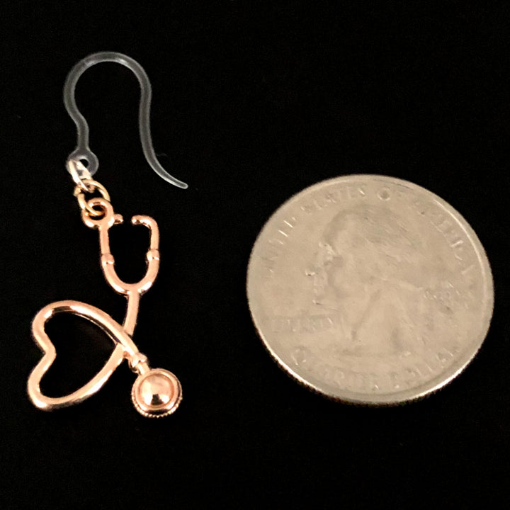 Heart Stethoscope Earrings (Dangles) - size comparison quarter