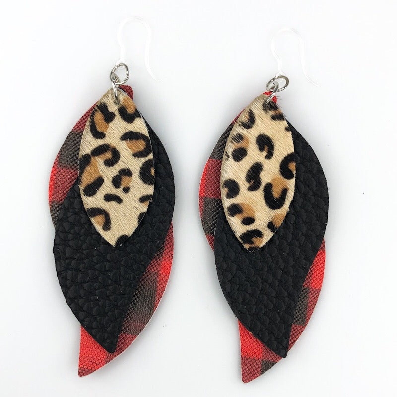 Triple Layer Curvy Glitter Earrings (Dangles) - leopard plaid