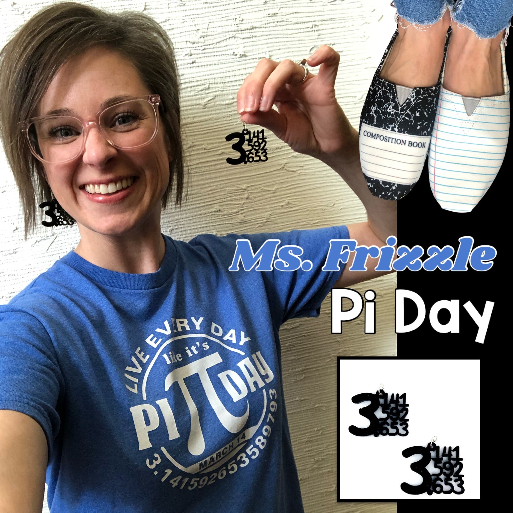 Exaggerated Pi Earrings (Dangles) - Ms. Frizzle Pi Day 3.14 3/14 - teacher earrings
