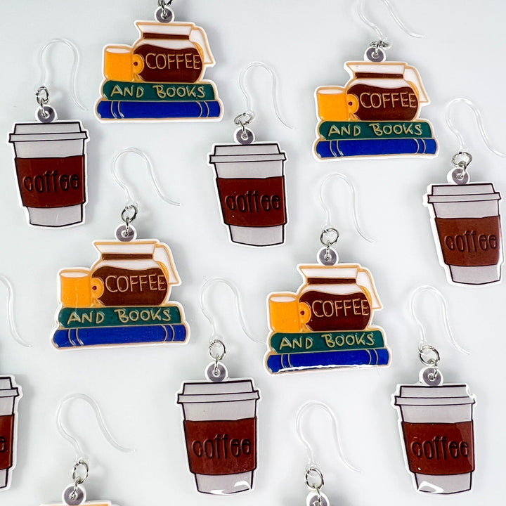 Various coffee and book earrings