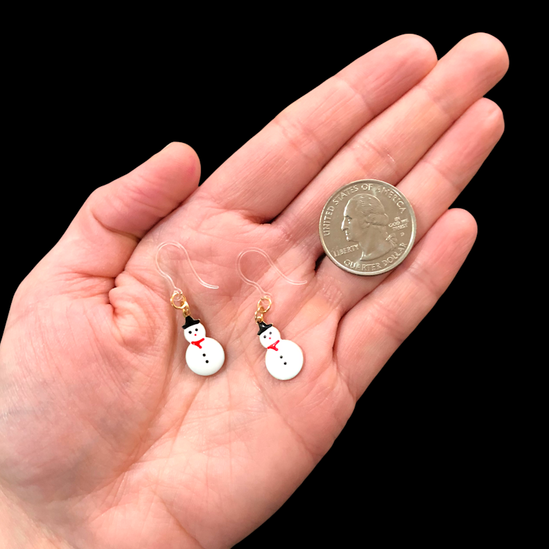 Tiny Snowman Earrings (Dangles) - size comparison quarter & hand