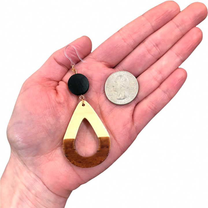 Wooden Raindrop Earrings (Dangles) - size comparison quarter & hand