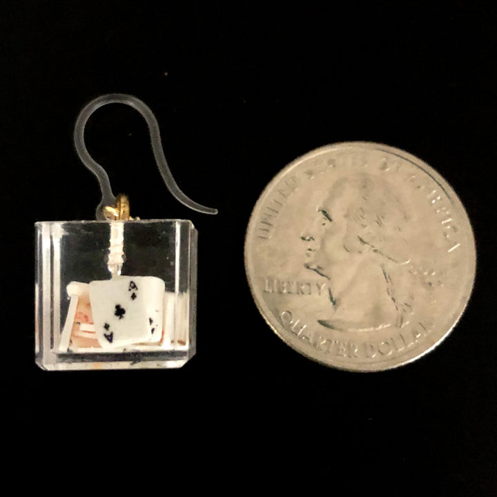 Cube Playing Card Earrings (Dangles) - size comparison quarter