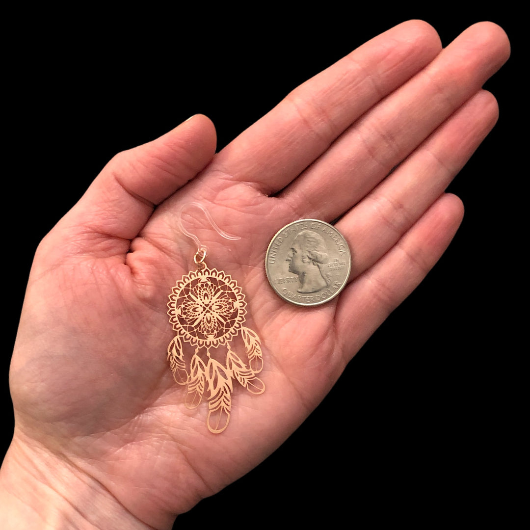 Dream Catcher Earrings (Dangles) - size comparison quarter & hand
