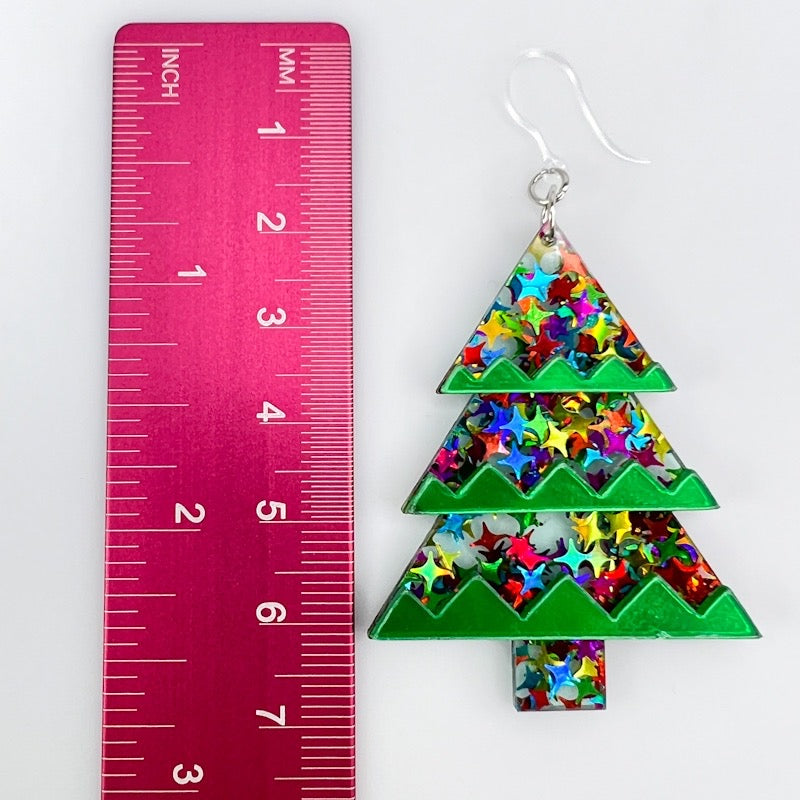 Exaggerated Christmas Tree Earrings (Dangles) - star glitter - size