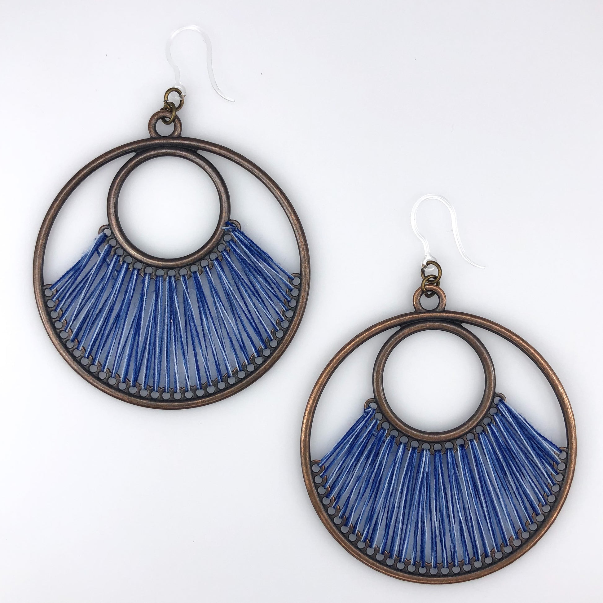 Bronze String Hoop Earrings (Dangles) - blue